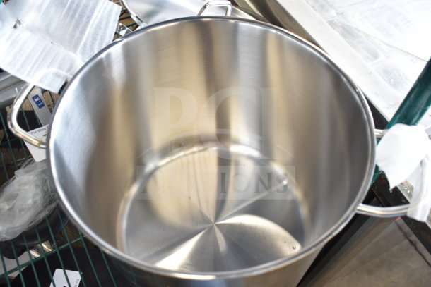 9 new kitchen items: Choice stainless steel malt cup collar, Vollrath fry pan and stock pot. Scratch and dent condition.