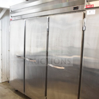 McCray SR75-DG Commercial 3 Door Reach In Cooler, 115V, 1 Phase, stainless steel, good condition.