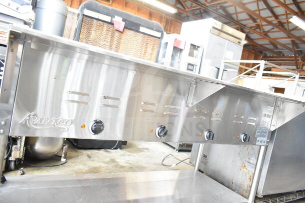 2024 Avantco 177STE4SH Commercial 4 Well Steam Table, stainless steel, 208/240V, 1 phase, shows dials and vent slots.