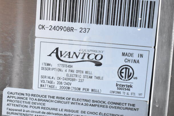 2024 Avantco 4 Well Steam Table, model 177STE4SH, 208/240V, 1 Phase, 3000W. ETL certified; made in China. Serial CK-240908R-237.