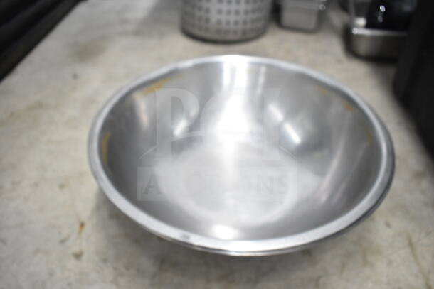 Lot of kitchen items including a metal colander, stock pot, china cap strainer, air pot, and scale. Visible wear noted.