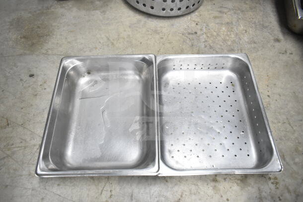 Lot of kitchen items: stainless steel colander, stock pot, china cap strainer, air pot, and scale. Good condition.