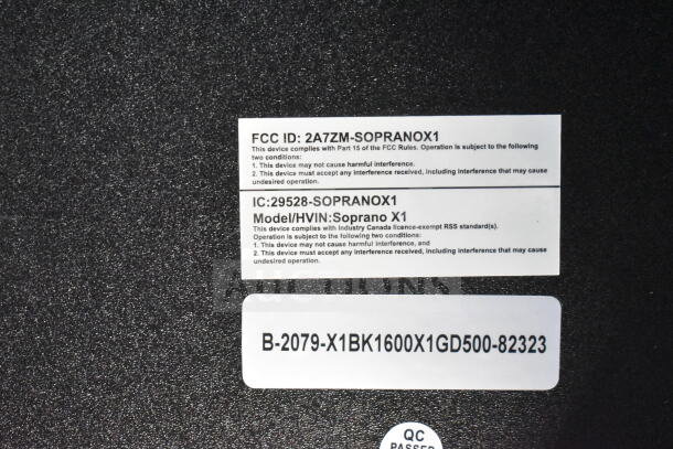 Masingo Soprano X1 Karaoke Machine, FCC ID 2A7ZM-SOPRANOX1, IC 29528-SOPRANOX1, labels indicating compliance.