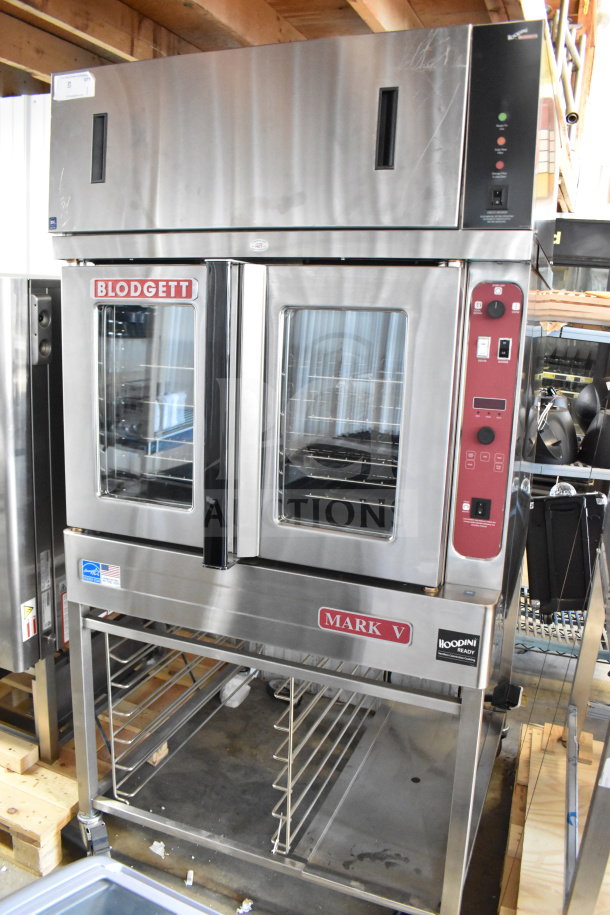 Brand new 2019 Blodgett Mark V-100 convection oven on pan rack stand, scratch and dent, 208V, 3-phase, with commercial casters.