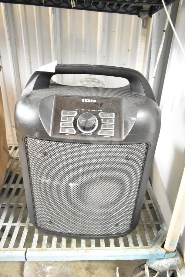 Ion MK2 Party Rocker Max Karaoke Machine, black, with control panel. Slight scuff marks, in used condition.