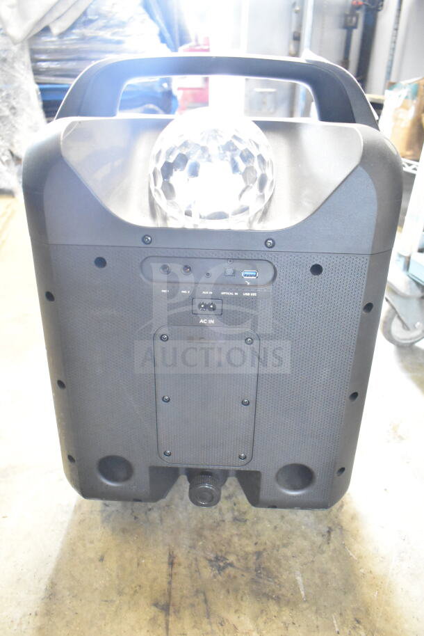 Ion MK2 Party Rocker Max Karaoke Machine with USB port, mic inputs, and optical input. Features built-in disco ball.