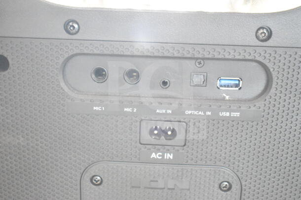 Ion MK2 Party Rocker Max Karaoke Machine back panel showing inputs: Mic 1, Mic 2, AUX IN, Optical IN, USB, AC IN.