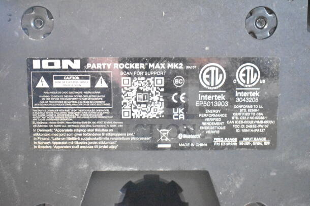 Ion MK2 Party Rocker Max label showing model IPA137, ETL certification, Bluetooth capability, and caution warnings.