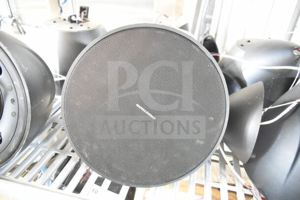 11 Crestron Saros PD6T-B-T-EACH speakers, black, excellent condition, mesh grille, ideal for audio setups.