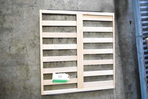 Wood shelf with metal frame, possibly AvaValley 34260185, new condition. Attached tag with barcode and green label.
