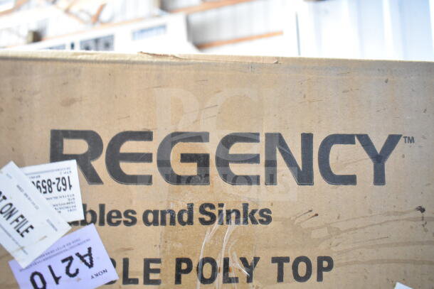Regency poly table top box, labeled "Regency Tables and Sinks," showing packaging for 18" x 36" poly table top.