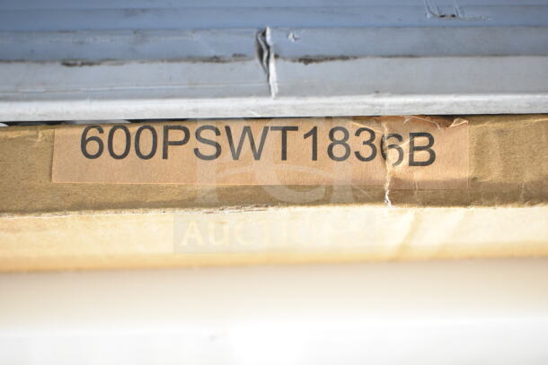 Label on a cardboard box showing "600PSWT1836B," indicating a Regency 18" x 36" poly tabletop for a 24" x 72" table.