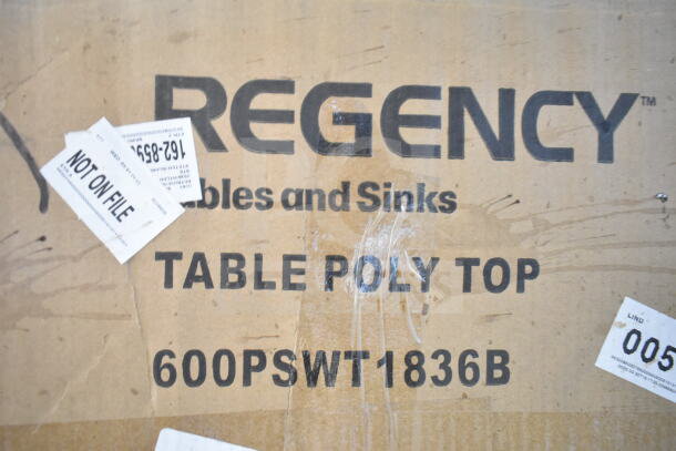Box of Regency 600PSWT1836B Table Poly Top, brand new. Marked "Not on File" with visible product codes.