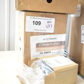 Brand new scratch and dent items including Hobart contactor, Alto Shaam CE-28892 water soluble tablets, and drip tray. Box labeled "VX3".