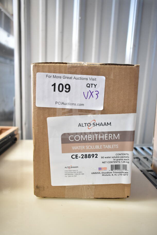 Box of Alto Shaam CE-28892 Combitherm water soluble tablets, new, 90 packets, 1.26 kg total, auction lot 109.