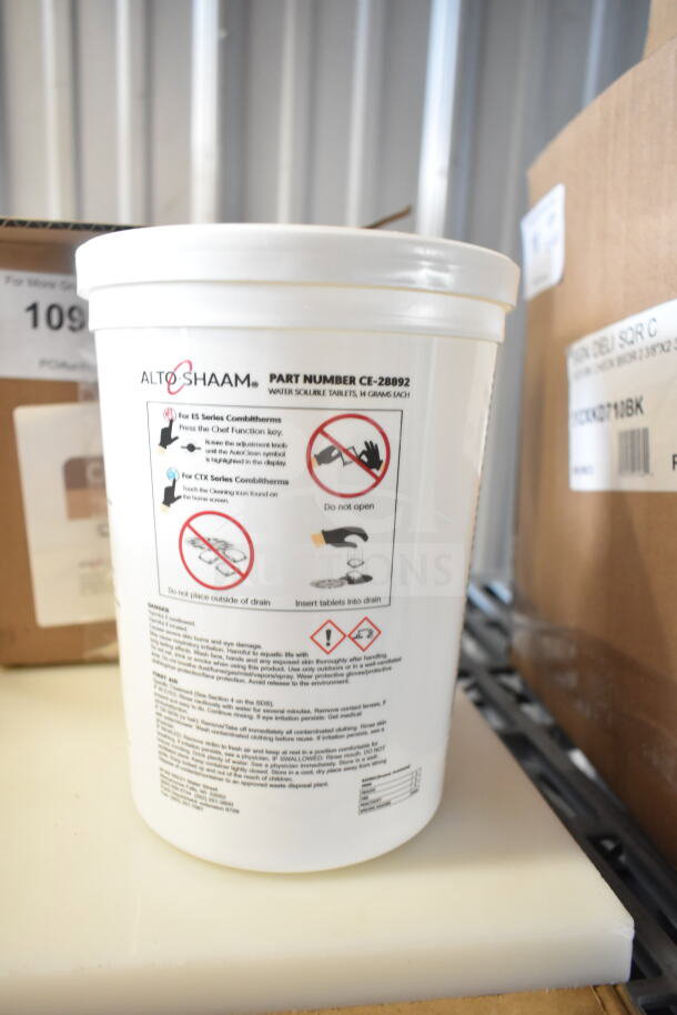 Brand new Alto Shaam CE-28892 water soluble tablets container, 14 grams each, with safety instructions visible.