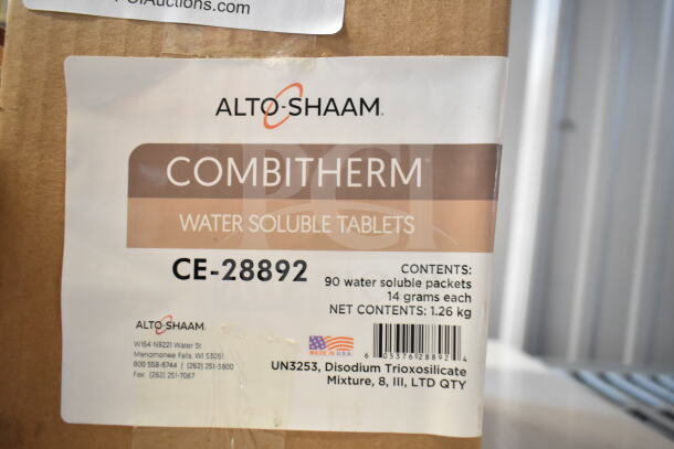 Alto Shaam CE-28892 water soluble tablets box label; 90 packets, 14g each, 1.26kg net. Brand new condition. Made in USA.