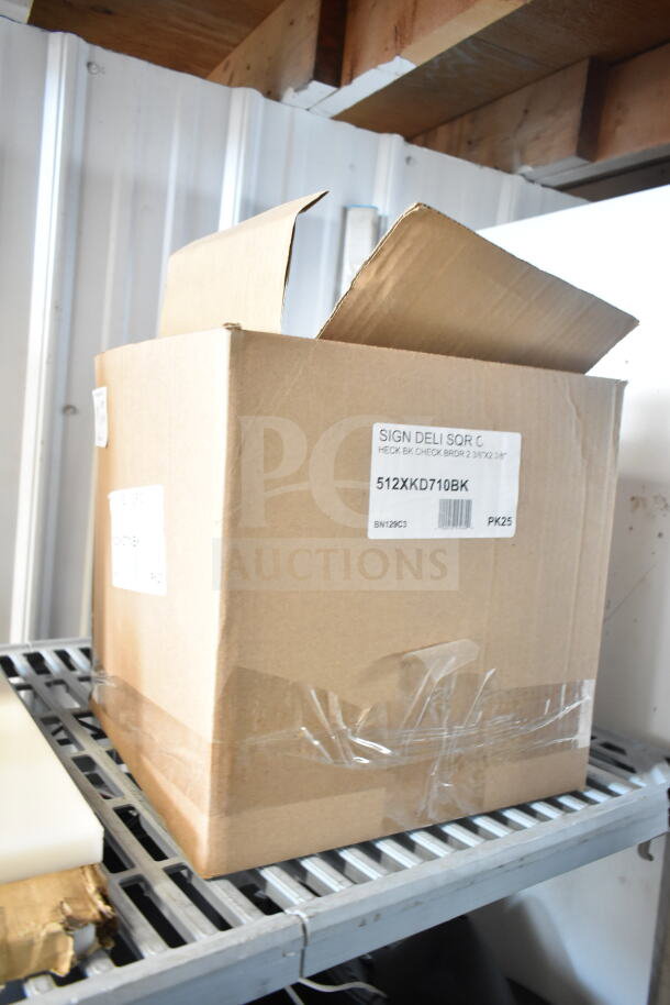 Cardboard box labeled "512XKD710BK" with deli tags. Includes 3"x1/2" blank inserts and black-bordered tags. Brand new condition.