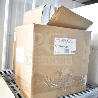 Cardboard box labeled "512XKD710BK" with deli tags. Includes 3"x1/2" blank inserts and black-bordered tags. Brand new condition.