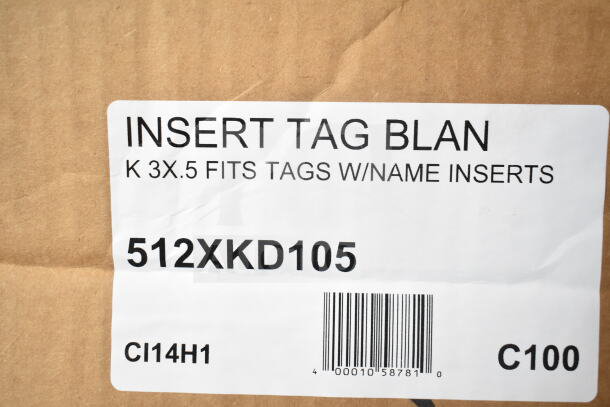 "Insert Tag Blank label showing model 512XKD105, fits 3x0.5 tags, 100 per pack, new condition."