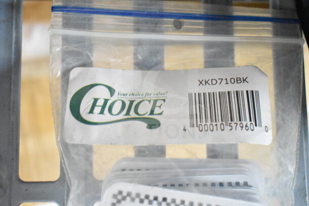 Brand new deli tag lot featuring Choice 512XKD710BK, 25-pack, with black checkered border, shown in a labeled bag.