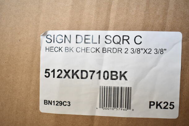 Lot of new scratch and dent items, includes 512XKD710BK deli tags with black checkered border, 25 per pack.
