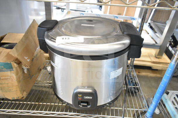 Galaxy 177RCSGB60 60 Cup Electric Rice Cooker/Warmer, stainless steel, 120 Volts, good condition, visible caution label.