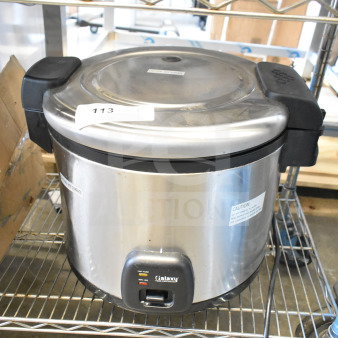Galaxy 177RCSGB60 60 Cup Electric Rice Cooker/Warmer, stainless steel, 120 Volts, good condition, visible caution label.
