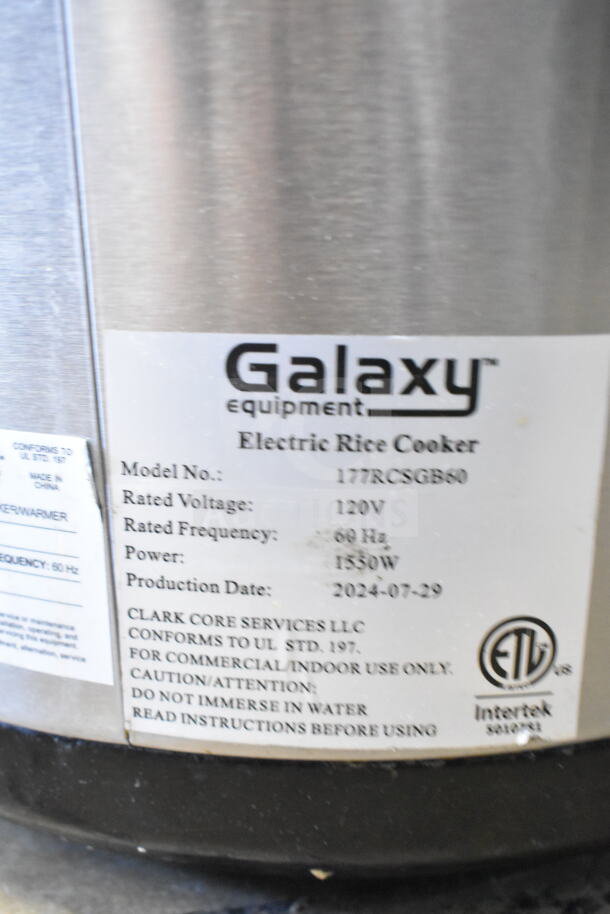 Galaxy 177RCSGB60 60 Cup Electric Rice Cooker, model details label shown. 120V, 1850W, UL certified.