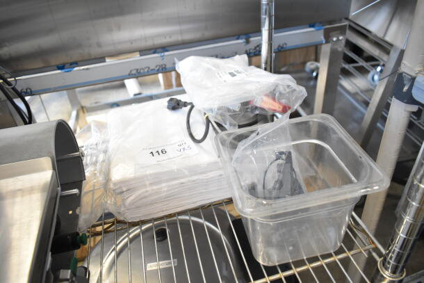 Assorted auction items including a 42655.0007 faucet kit, drop-in bin, and 167704FSTW flour sack towels, 5 times bid.