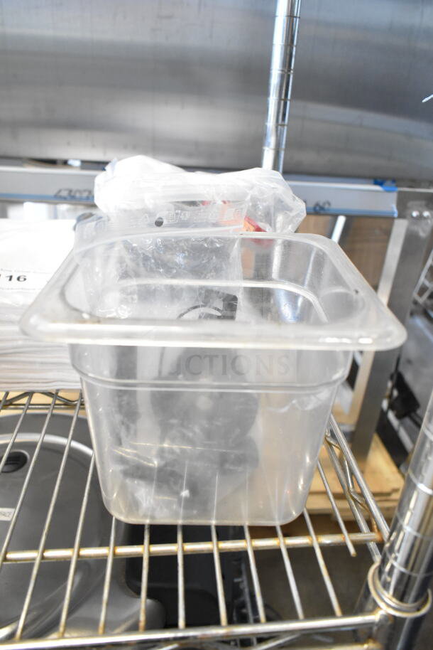 Five assorted items including 42655.0007 faucet kit, drop-in bin, 167704FSTW flour sack towels, packaged, on shelving.