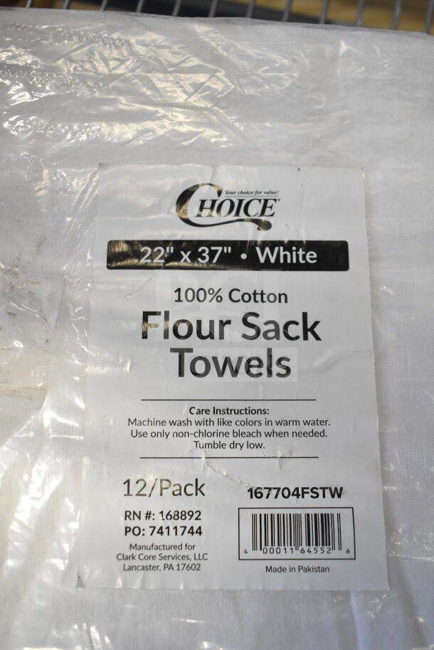 Package of Choice 100% cotton flour sack towels, 22"x37", white, includes care instructions. Item 167704FSTW, 12 per pack.