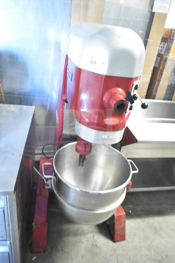 Attias USA 60 quart commercial dough mixer with bowl, dough hook, and paddle attachments. Red body, 208V, 3 phase.
