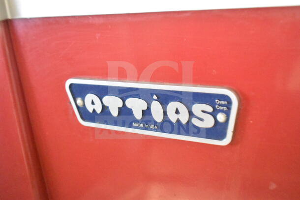 Attias USA 60 Commercial 60 Quart Dough Mixer with attachments, blue nameplate on red body, "Made in USA" label.