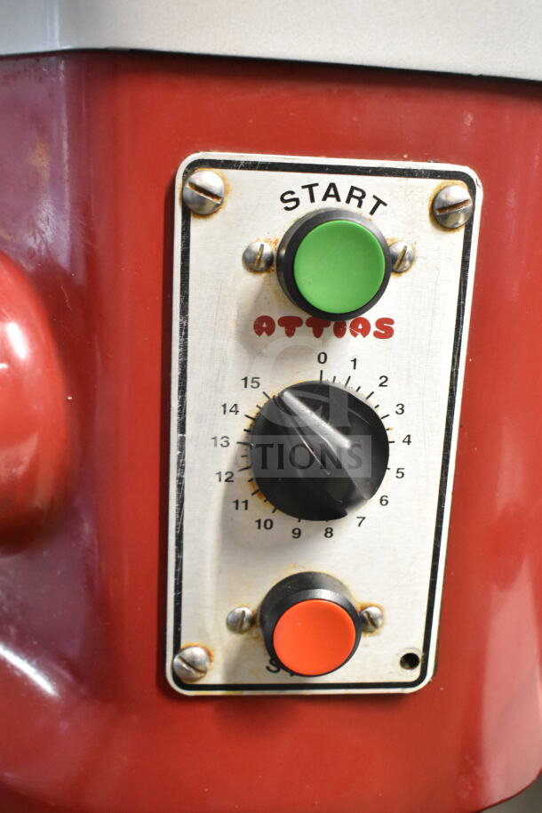 Attias USA 60 commercial 60-quart planetary dough mixer control panel with start and stop buttons, model tag visible.