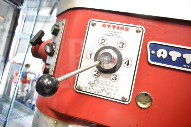 Attias USA 60 Commercial 60 Qt Planetary Dough Mixer, with bowl, dough hook, paddle attachments. 208V, 3 Phase. Control panel view.