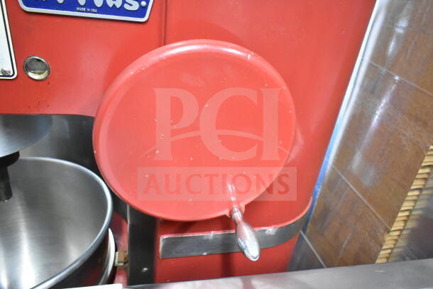Attias USA 60 commercial 60-quart planetary dough mixer with bowl, dough hook, paddle attachments. Red housing, 208V, 3-phase.