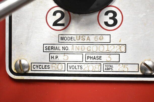 Attias USA 60 Commercial 60 Quart Dough Mixer label showing model, serial number, 5 HP, 3-phase, 208 volts, 25 amps.