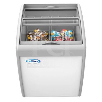 Brand new KoolMore MCF-6C 26 in. display ice cream freezer, 5.7 cu ft, 115V, minor scratches, clear sliding top.