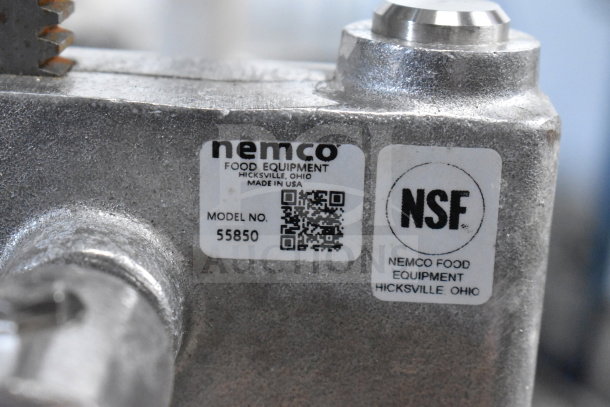 Nemco 55850 countertop manual juicer with NSF label, shown with model and QR code details. Made in USA.