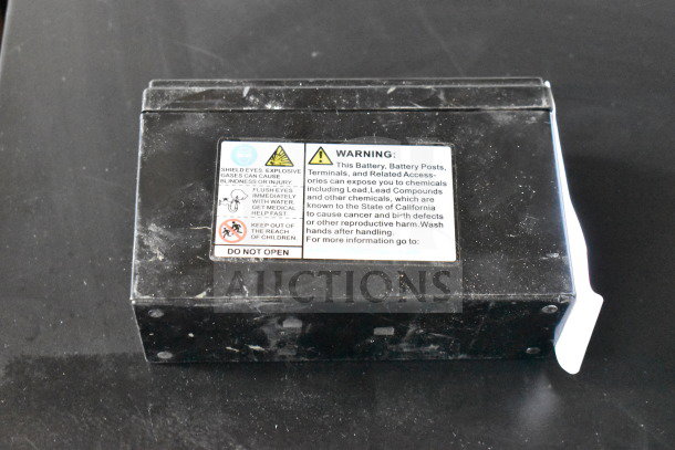Leoch battery with visible warning labels, moderate wear. Includes 2 Rockville lights; auction offers triple bid value.