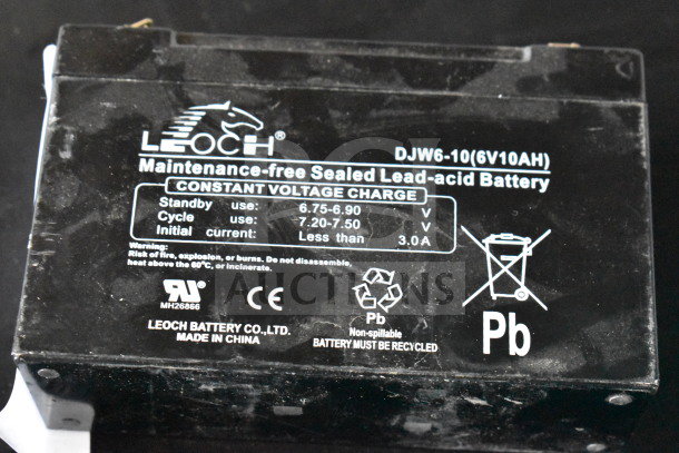 Leoch maintenance-free sealed lead-acid battery DJW6-10, 6V 10AH, constant voltage charge, Made in China.