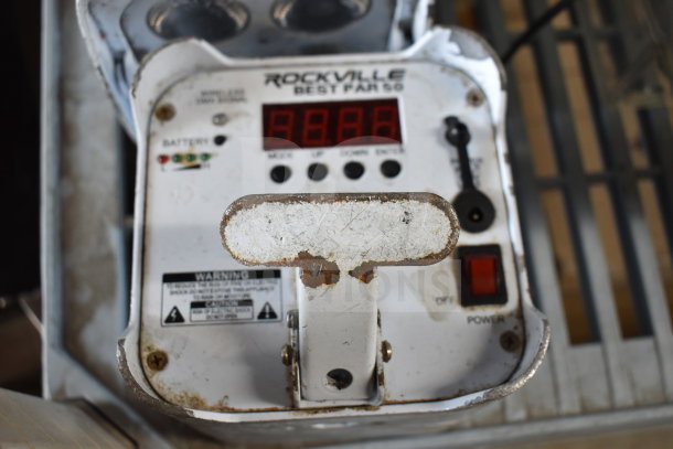 Rockville Best PAR 50 light with digital display, showing wear. Includes power switch and battery indicators.