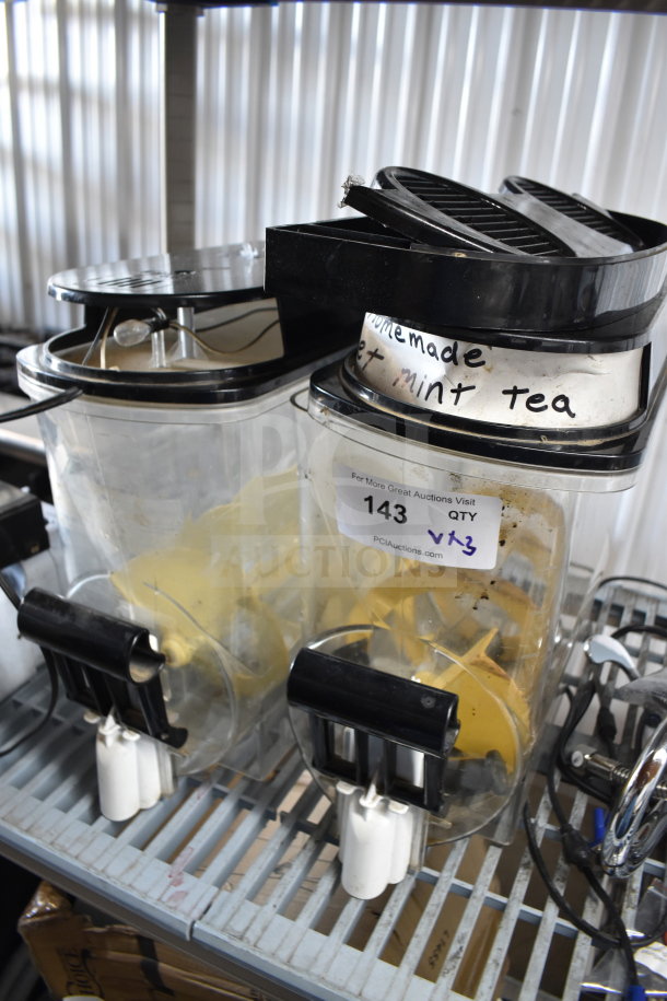Two slushie machine hoppers and a drip tray. Label reads "Homemade Sweet Mint Tea." Lot 143, auction QTY x3.