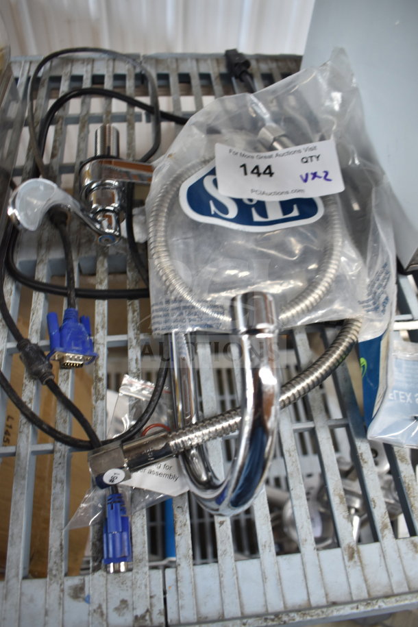 Faucet with attached hoses and T&S 013E-36H water hose in packaging. Includes labels and connectors.