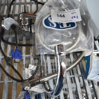 Faucet with attached hoses and T&S 013E-36H water hose in packaging. Includes labels and connectors.