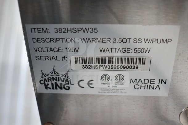 Carnival King 382HSPW35 3.5 Qt Countertop Warmer with Pump, 120V, stainless steel, ETL certified, made in China.