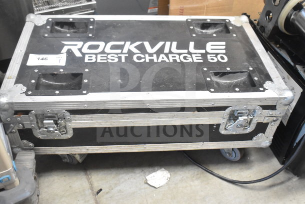 Rockville hard case labeled "Best Charge 50" with secure latches and labeled "146" on top, used for 8 rechargeable Par Cans.