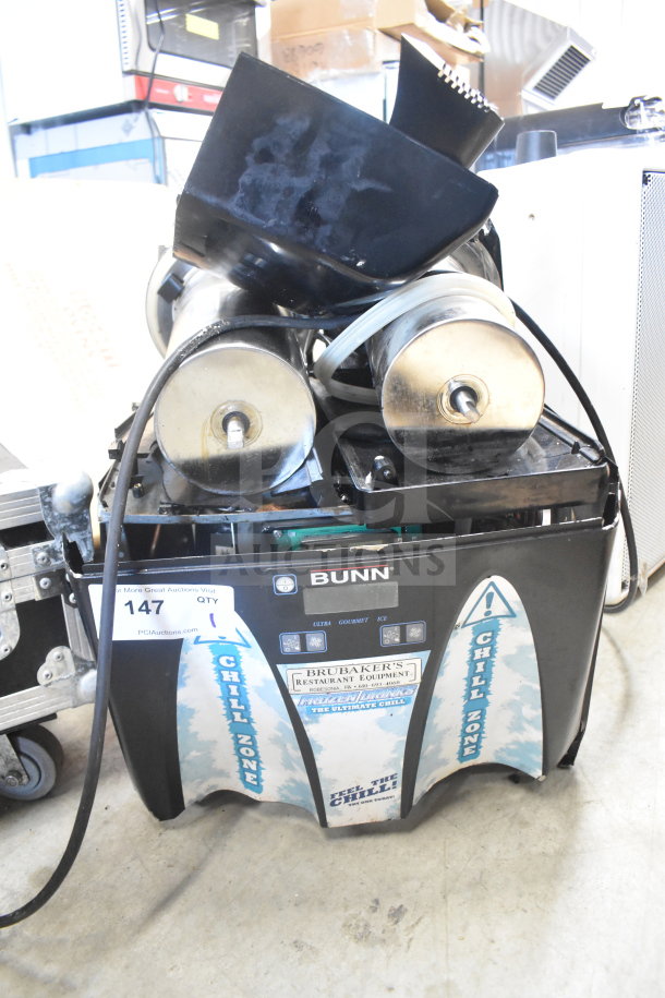 Bunn Commercial Countertop Slushie Machine Base, dual dispensers, black finish, labeled "Chill Zone", used condition.