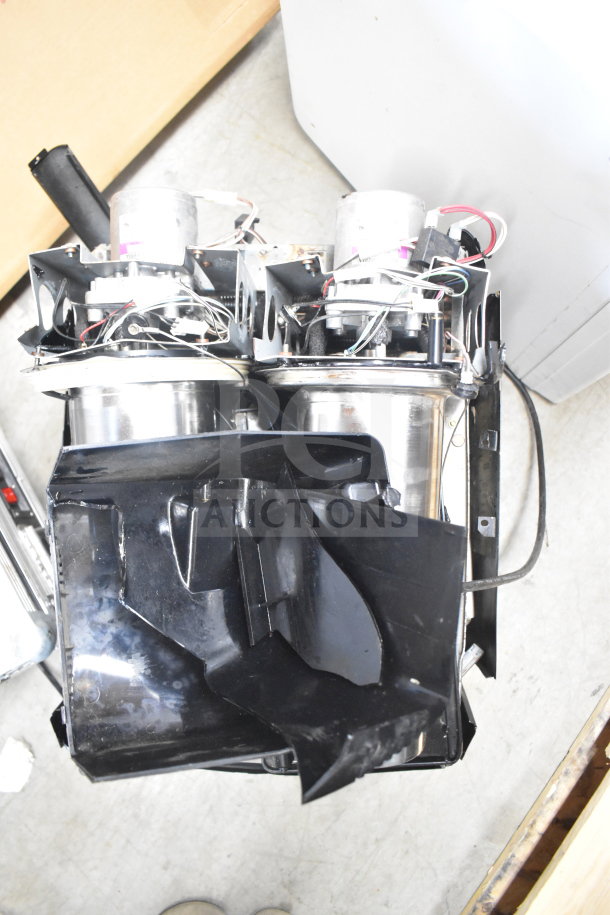 Bunn Commercial Countertop Slushie Machine Base, showing dual motor setup, wiring, and stainless components, in used condition.